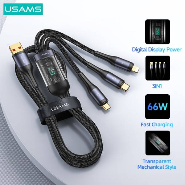 USAMS U83 66W 3 In 1 Digitaalinen näyttö kaapeli PD QC pikalataus USB tyyppi C kaapeli iPhone 14 13 12 Pro Max Huawei  Xiaomi Samsung