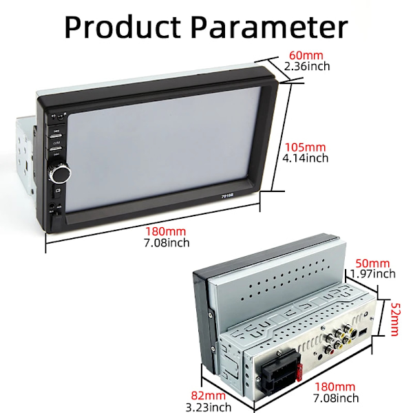 7 tum 1 Din Bil Radio MP5 Multimedia Spelare Touch Skärm FM ISO Ström Aux Input Bluetooth USB