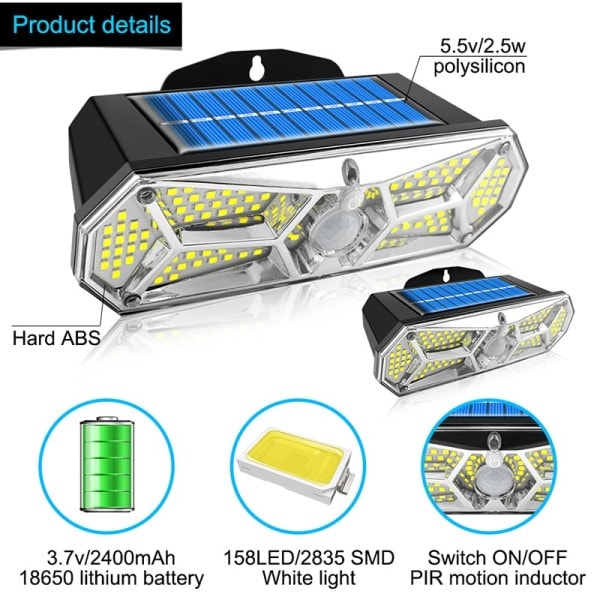 Sol Lys Udendørs Bevægelse Sensor 158LEDs IP65 Vandtæt Super Bright Solar Trådløs Væg Lampe