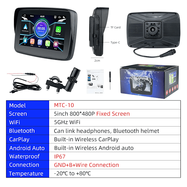 Bärbar Motorcykel Trådlös Android Auto Monitor