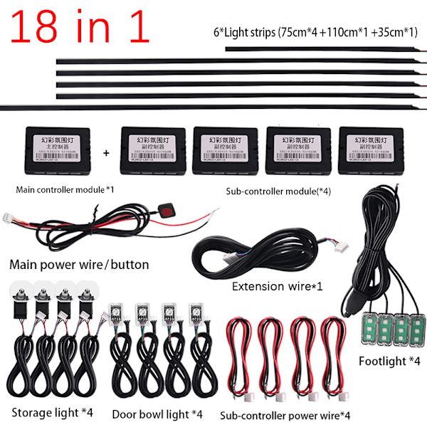 18 in 1 64 Farge RGB Symphony Car Atmosphere Interiør LED Lys