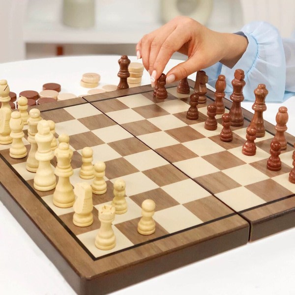 Familie klassikere skak med foldbart bræt for børn og voksne, træ skak