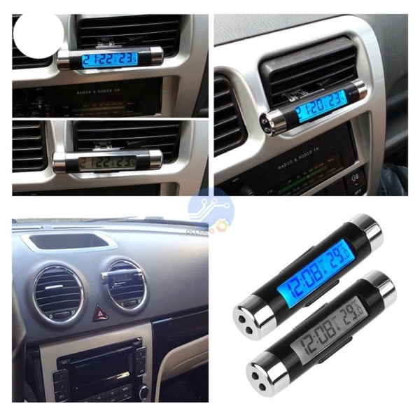 2 in 1 auto auto lämpömittari kello lämpötila LCD näyttö näyttö kiinnitys digitaalinen sininen taka valo