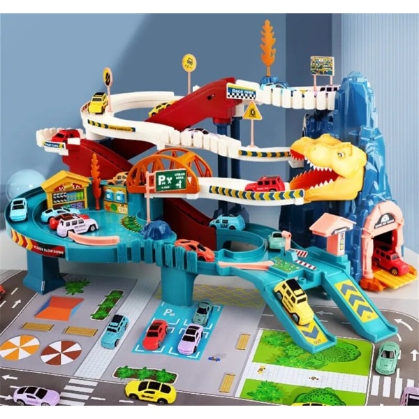Elektrisk Rail Bil Dinosaur Bygning Parkeringsplass Eventyr Racing Rail Bil Leker
