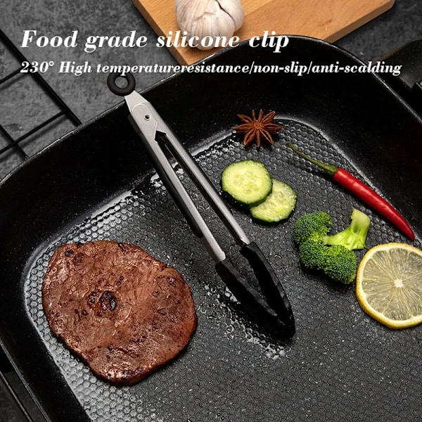 1 stk  Sort Silikon Mat Tang Rustfritt Stål Mat Tang Utendørs BBQ Klemmer For Kjøkken