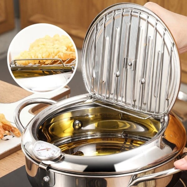 Rustfrit stål olie pande husholdning termometer med dæksel tempura olie frituregryde