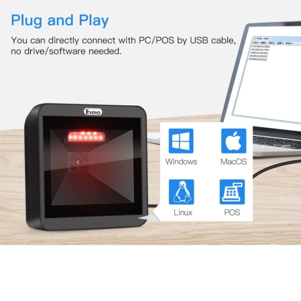 Desktop Stregkode Scanner, Omnidirectional Hands-Free Kablet USB Big Stregkode Reader