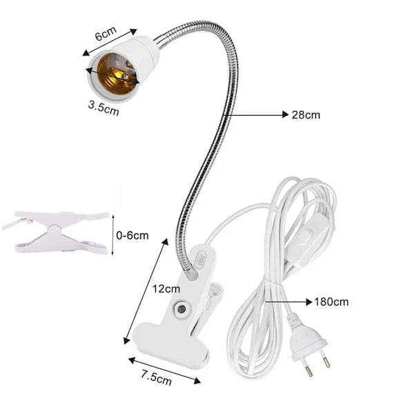 360 grader Fleksibel Skrivebord Lampe Holder E27 Base Lys Socket Svanehals Clip-On Kabel Med On Off Switch