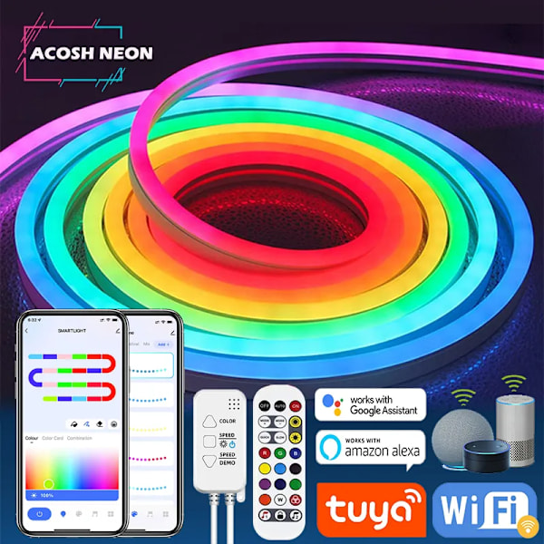 LED Strip Lights 12-24V 84LEDs/M Silicone Neon Rope Light with Music Sync RGBIC Dreamcolor Chasing Strip Tape
