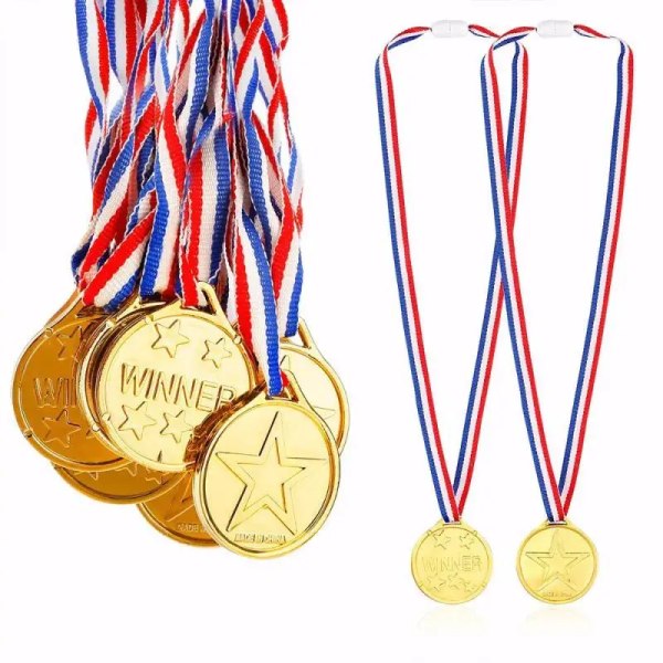 10 bitar Kid Guld Medaljer Plast Simulerad Vinnare Pris Medaljer Med band