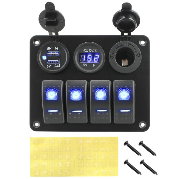 4 knappar vippa omkopplare panel voltmätare USB laddare tillbehör för båt marin bil husbil husbil husvagnar