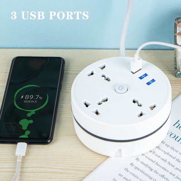 Rund Universal Power Strip Bärbar Förlängning sladd Socket Plug USB Telefon Laddare
