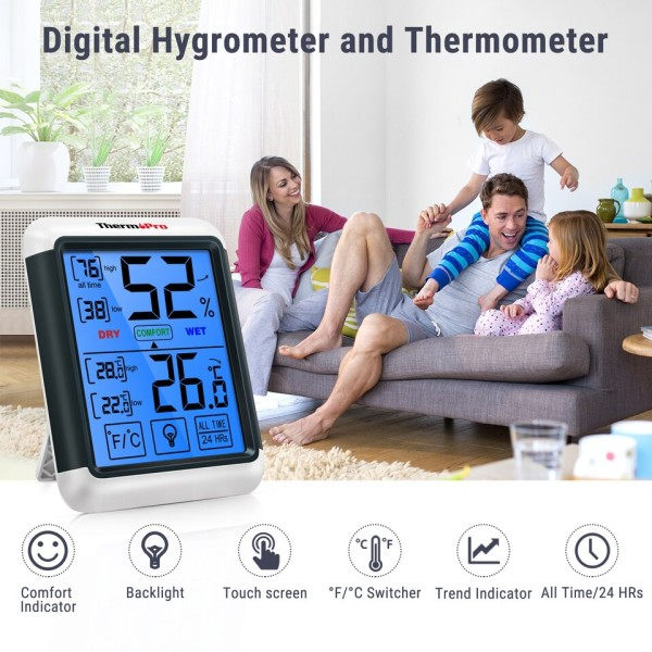 Indendørs Digital Termometer Hygrometer Touchscreen Baggrundslys Fugtighed Temperatur Sensor