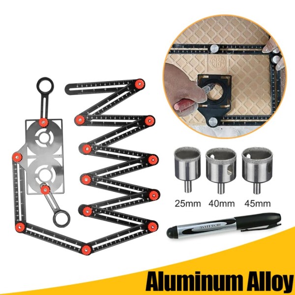 Aluminium legering Multi vinkel linjal sökare mått linjal med 2 borr kakel hål locator