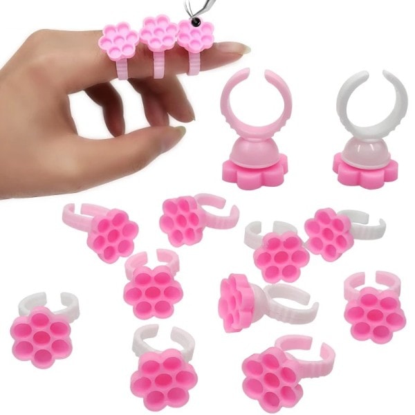 100 stykker Gjør det selv Øyenvippe forlengelse vifter blomstrende kopp lim holder ring blomst form pigment brett