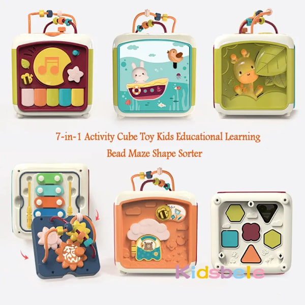 Baby Aktivitet Kube Småbarn Leker 7 i 1 Pedagogisk Shape Sorter Musical Toy Bead Labyrint Telle Oppdagelse Leker