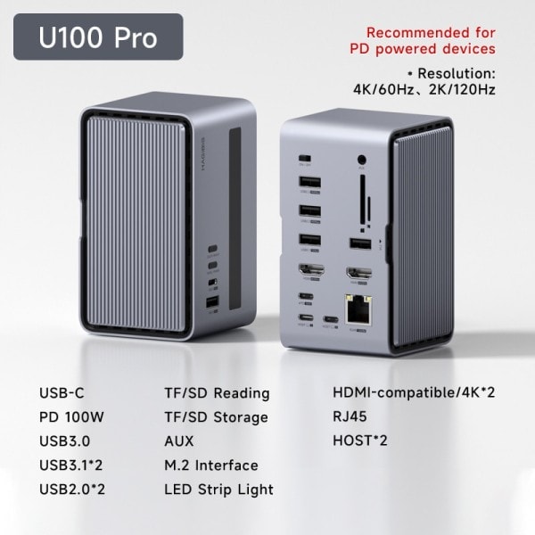 USB C telakka asema kaksois HDMI-yhteensopiva M.2 SSD kotelo Ethernet 100W PD USB keskitin