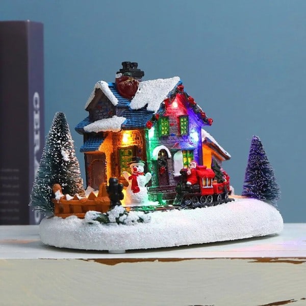 Jul liten tåg by snö hus lysande harts prydnad