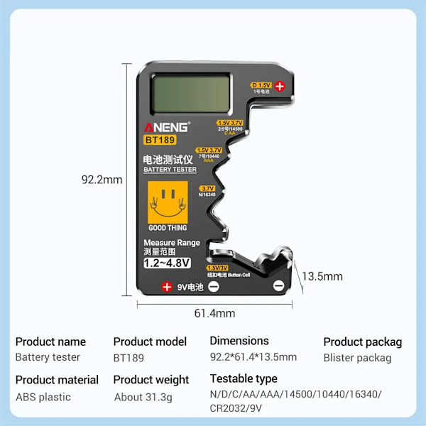 Ultraliten batteri testare 9V knapp cell universell hushåll LCD Digital display batteri testare