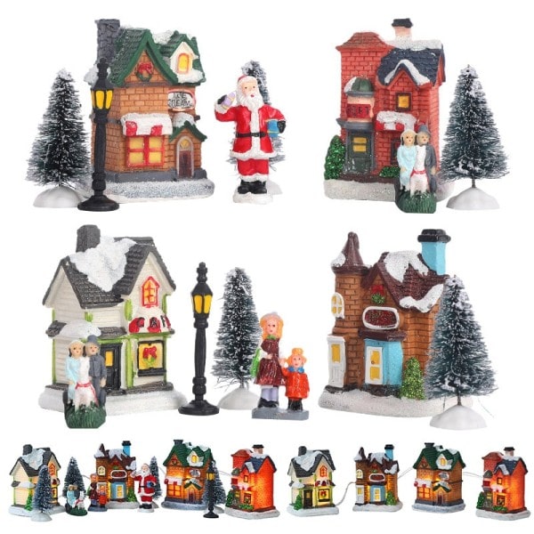 LED Harts Jul By Ornament Set Figuriner Dekoration Jultomte Fall Nålar Snö Utsikt Hus