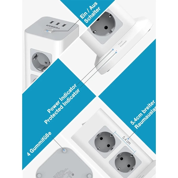 Tårn Power Strip Multi Uttak med USB, 2M Forlengelse kabel EU Plug Vertikal Elektrisk Socket Overspenningsbeskyttelse for Hjem