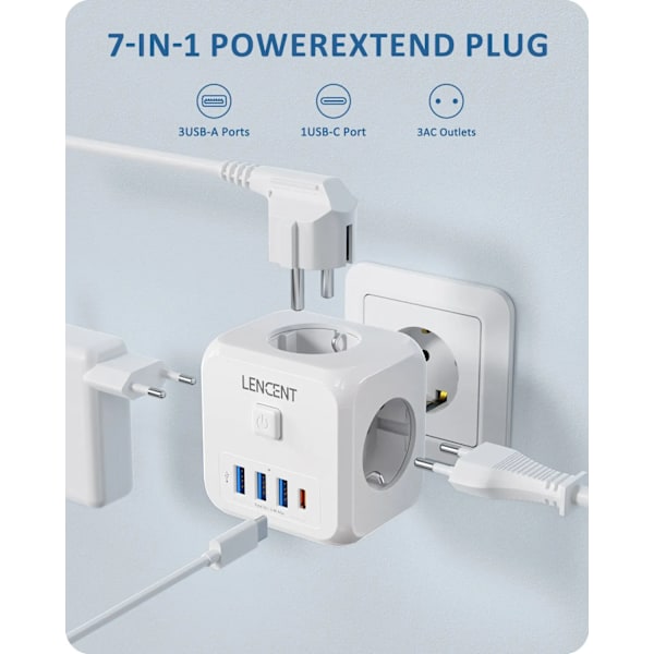 Wall Socket Extender 3 AC pistorasialla 3 USB portteja ja 1 tyyppi C 7-in-1 EU pistoke laturi