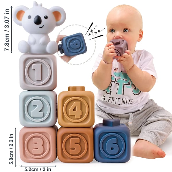 Baby Silicon Byggklossar Montessori leksaker för bebisar Squeeze Stacker & Bandsjukdomar leksaker
