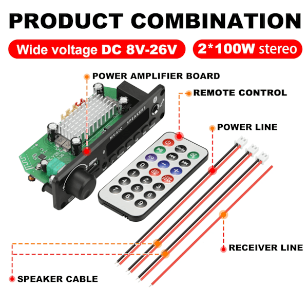 200W  Forstærker Bluetooth DIY MP3 WAV Decoder Board DC 12V 100W  Trådløs Bil USB MP3 afspiller
