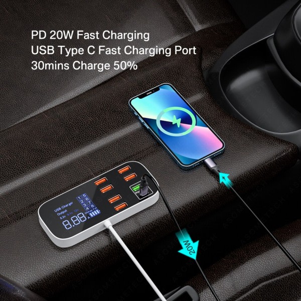8 porte USB bil oplader QC3.0 PD hurtig opladning telefon oplader 40W 8A multi USB stik med LED display