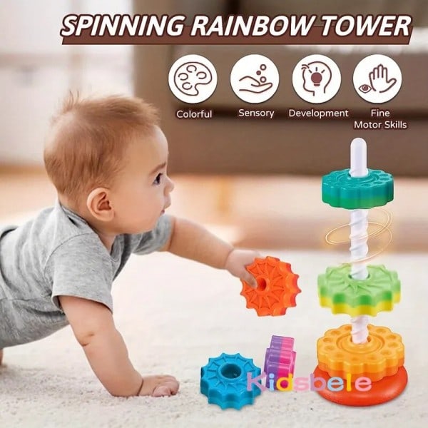 Baby Spinning Stabling Leksaker Spin Leksaker ABS Plast och Färg Regnbåge Design Ring Stacker Baby leksaker