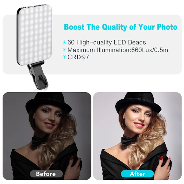 Minifokus Selfie Ljus 60 LED 2200mAh Uppladdningsbar Cell Phone Fill Light 7 Modes 10-Level Lightness, Portable Clip-on Light