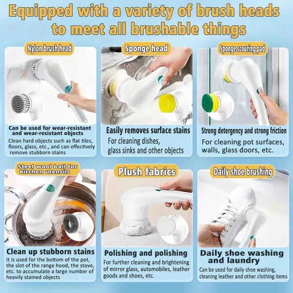 5-i-1 Elektrisk rengöring borste multifunktionell trådlös borste fönster rengöring badrum badkar toalett borste kök rengöring verktyg