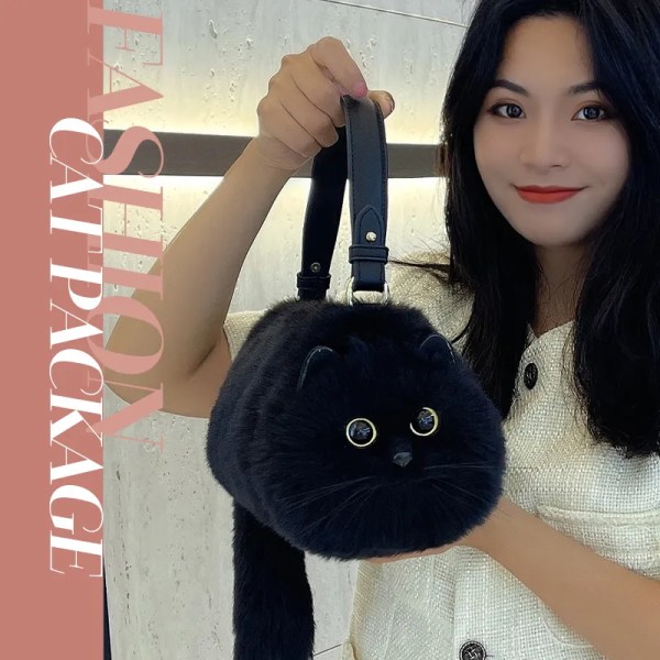 En axel väska hona design liten man messenger väska mångsidig handgjord höst och vinter plysch söt katt väska