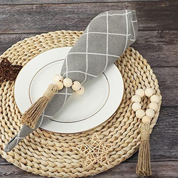 Trä pärla servett ringar servett hållare med tofsar handvävda boho spännen