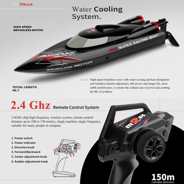 RC Båd 2,4Ghz 55KM/ H Børsteløs Høj Speed Racing Skib 2200mAh Fjernbetjening Kontrol Speedbåd Legetøj