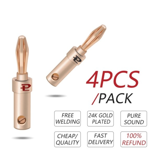 4st 24K guldpläterade koppar banan högtalare plugg kontakt adapter ljud banan kontakter