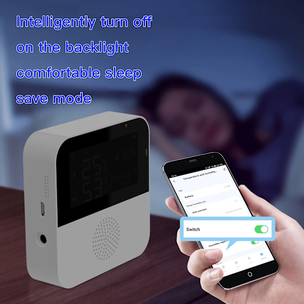 Smart WIFI Temperatur och Fuktighetssensor med Bakgrundsbelysning LCD Display Inomhus Termometer Hygrometer Mätare Stöd
