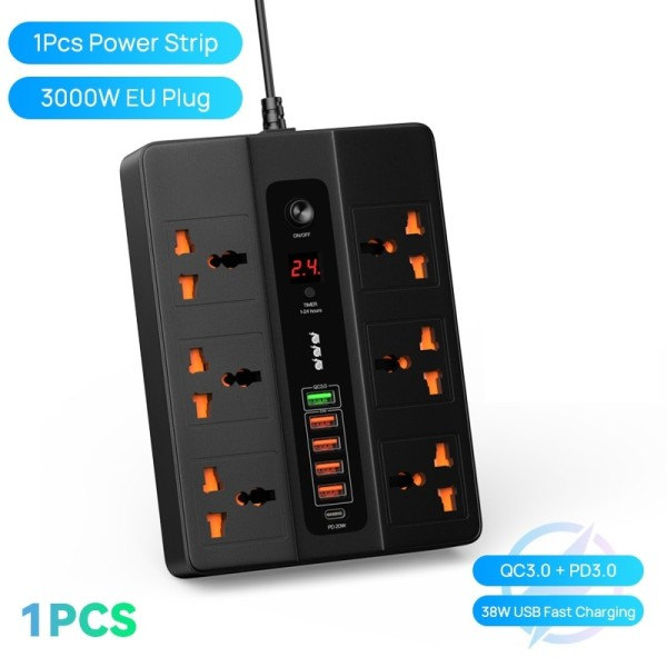 6 porttia 20W PD QC3.0 USB pikalaturi tyyppi C pikalataus asema sovitin 3000W 6 AC pistorasiat virta liuska