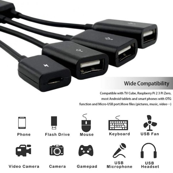 RYRA 4 Port Micro USB 2.0 HUB 4-IN-1 OTG Hub Strøm Adapter Kabel For Android Telefon Nettbrett PC