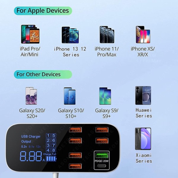 8 porte USB bil oplader QC3.0 PD hurtig opladning telefon oplader 40W 8A multi USB stik med LED display