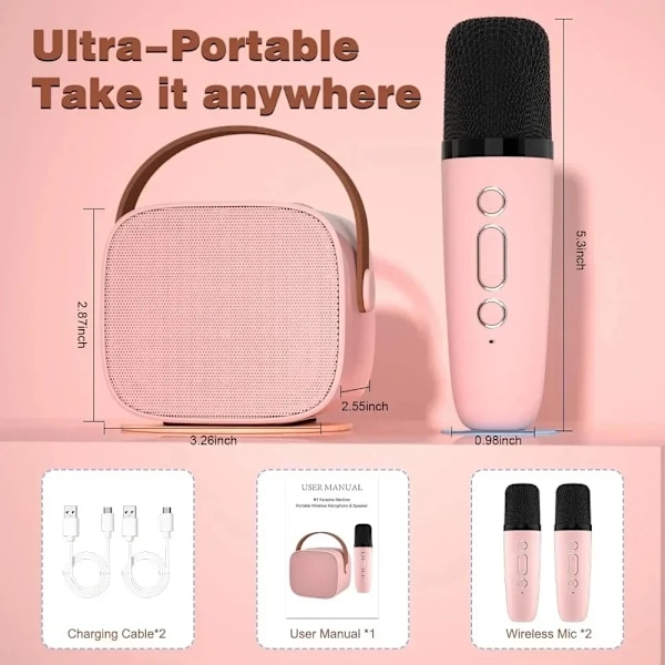 Mini karaoke kone lapsille ja aikuisille kannettava kaiutin 1-2 langattomalla mikrofonilla