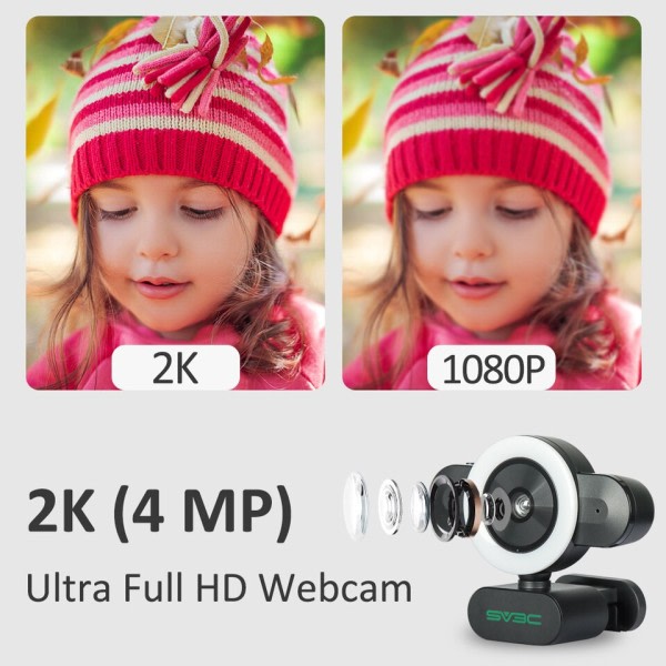 Webkamera Med Mikrofon For PC, 4MP USB Lys Datamaskin Kamera