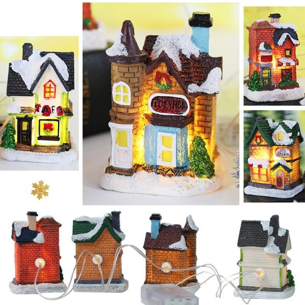 LED Harts Jul By Ornament Set Figuriner Dekoration Jultomte Fall Nålar Snö Utsikt Hus
