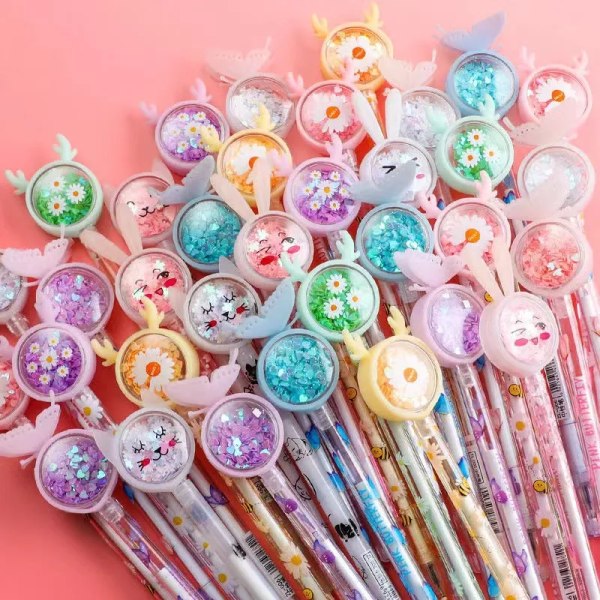 50 bitar Kawaii Paljetter Gel Penna Söt Fjäril Kin Fawn Daisy Signatur Penna