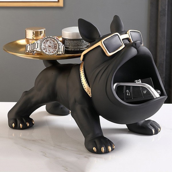 Stor munn fransk bulldog butler oppbevaring boks med brett nordisk dekor pynt figurer håndverk dyr harpiks skulpter