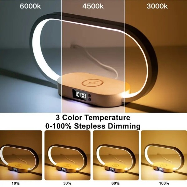 Multifunksjon Trådløs lader Pad Stativ Klokke LED Skrivebord Lampe Natt Lys USB Port Rask Lading Stasjon Dokk