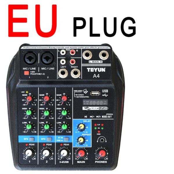 A4 Lyd Mixing Konsol Bluetooth USB Record Computer 48V Phantom Power Delay Repaeat Effect 4 Channels USB Audio Mixer