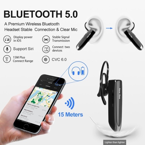 Bluetooth Headset V5.0 Trådløse Øretelefoner Hodetelefoner med Mic 24Hrs Earplus Earpiece