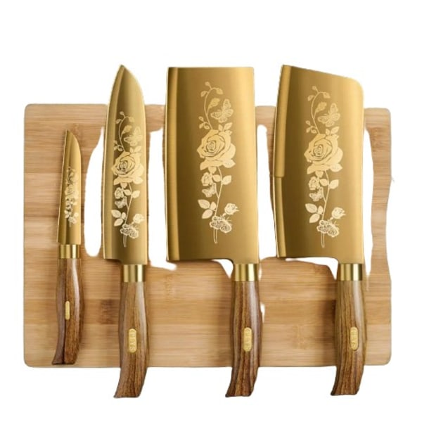 4 bitar  Guld Kök Kniv Set Rostfritt Stål Kling med Gyllene Titan Plätering Kock Kniv Set för Kök