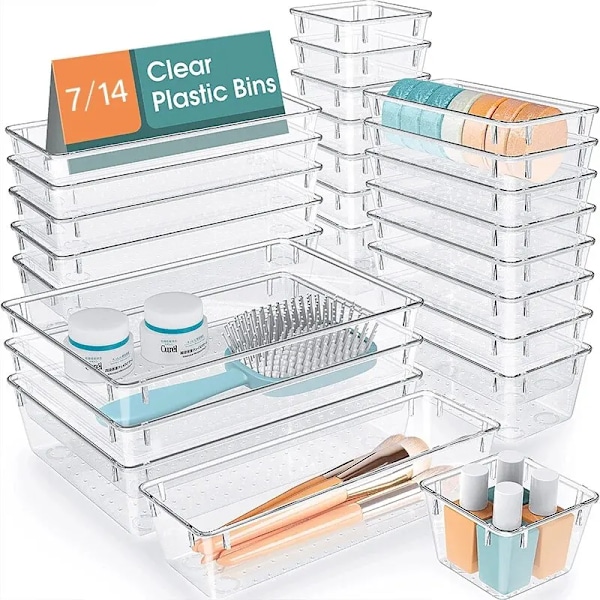 14 stykker Skuffer Arrangører Set Klar Plastik Skrivebord Opdelere Skummer Soveværelse Kommode Kontor Opbevaring Kasse til Makeup Smykker Gadgets